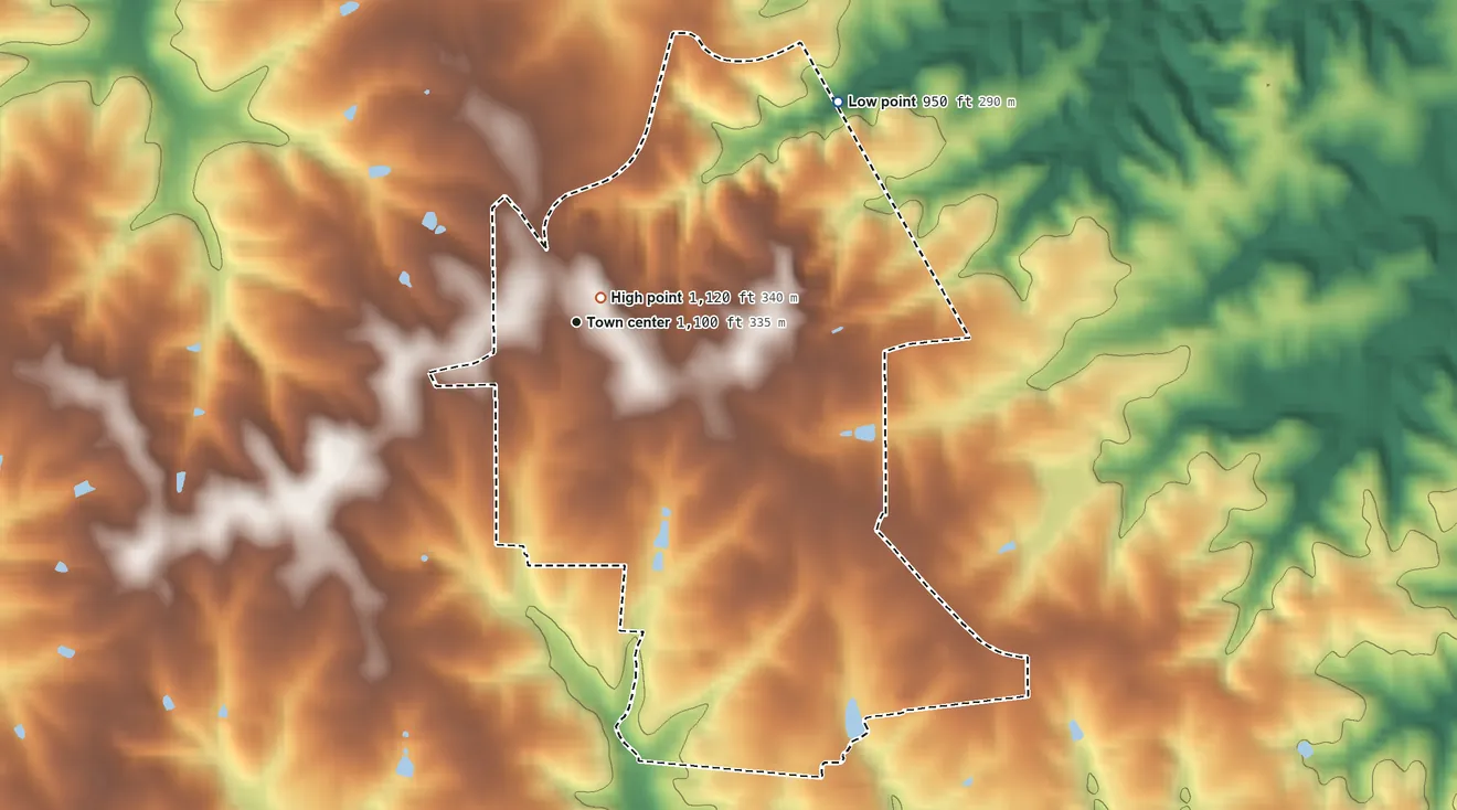 Topographic elevation map of Smithtown, North Carolina, shaded from 950 ft on the northeast side to 1,120 ft near the middle
