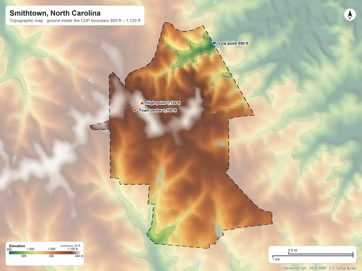 Topographic elevation map of Smithtown, North Carolina, shaded from 950 ft on the northeast side to 1,120 ft near the middle