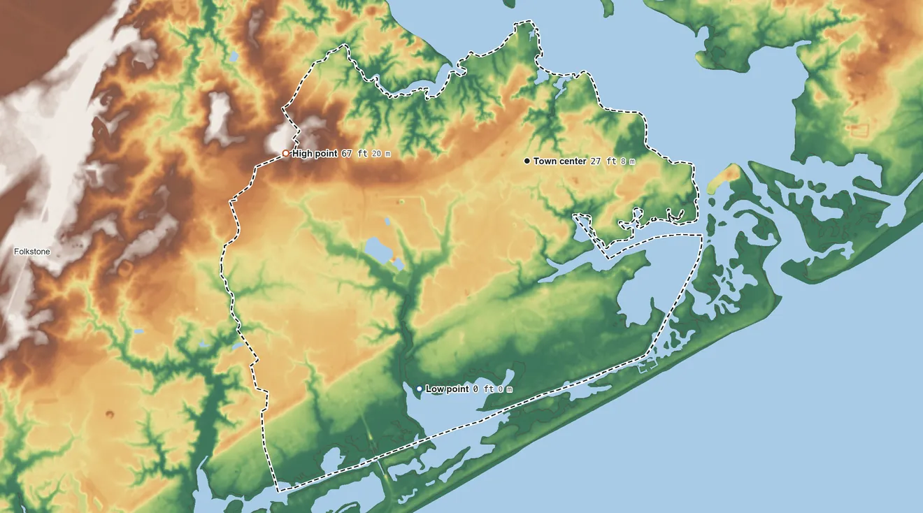 Topographic elevation map of Sneads Ferry, North Carolina, shaded from sea level level on Alligator Bay to 67 ft on the west side