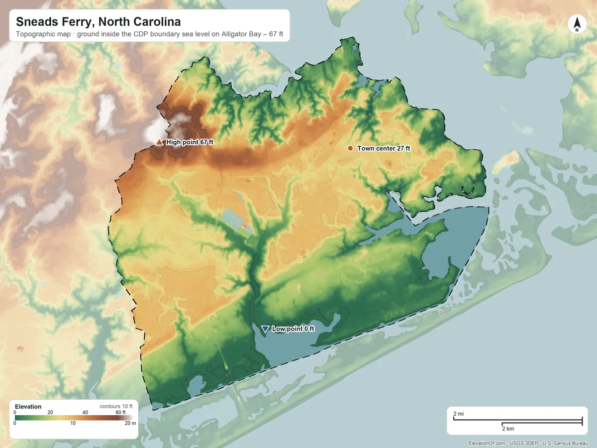 Topographic elevation map of Sneads Ferry, North Carolina, shaded from sea level level on Alligator Bay to 67 ft on the west side