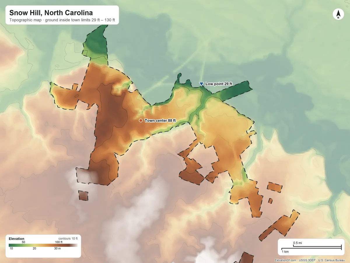 Topographic elevation map of Snow Hill, North Carolina, shaded from 29 ft on the northeast side to 130 ft on the southeast side