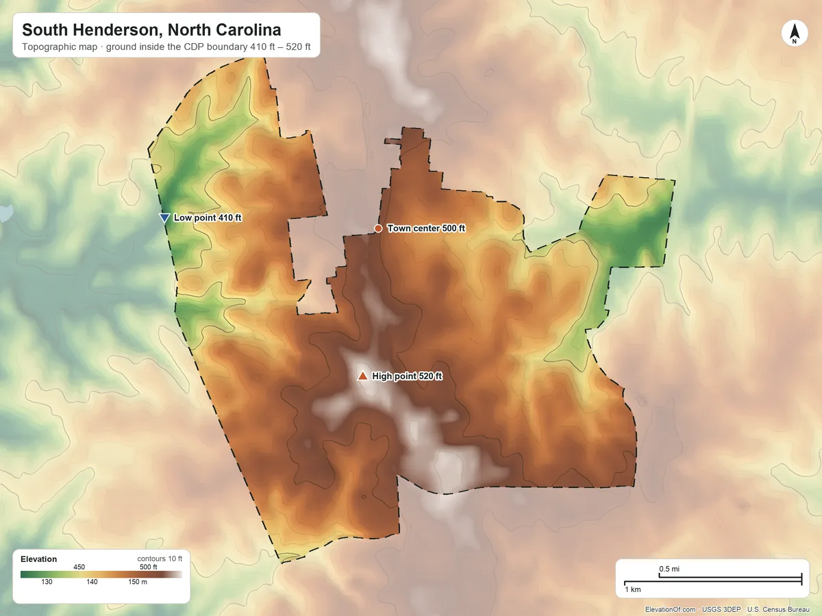 Topographic elevation map of South Henderson, North Carolina, shaded from 410 ft on the west side to 520 ft on the south side