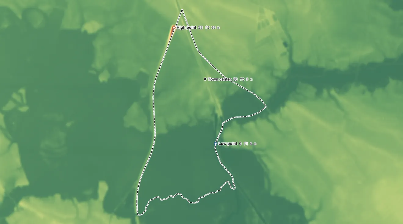 Topographic elevation map of South Mills, North Carolina, shaded from 0 ft on the south side to 53 ft on the northwest side