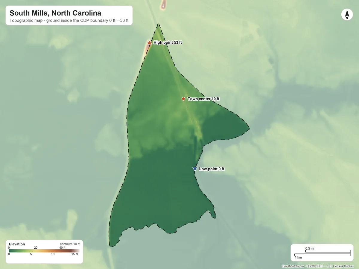 Topographic elevation map of South Mills, North Carolina, shaded from 0 ft on the south side to 53 ft on the northwest side