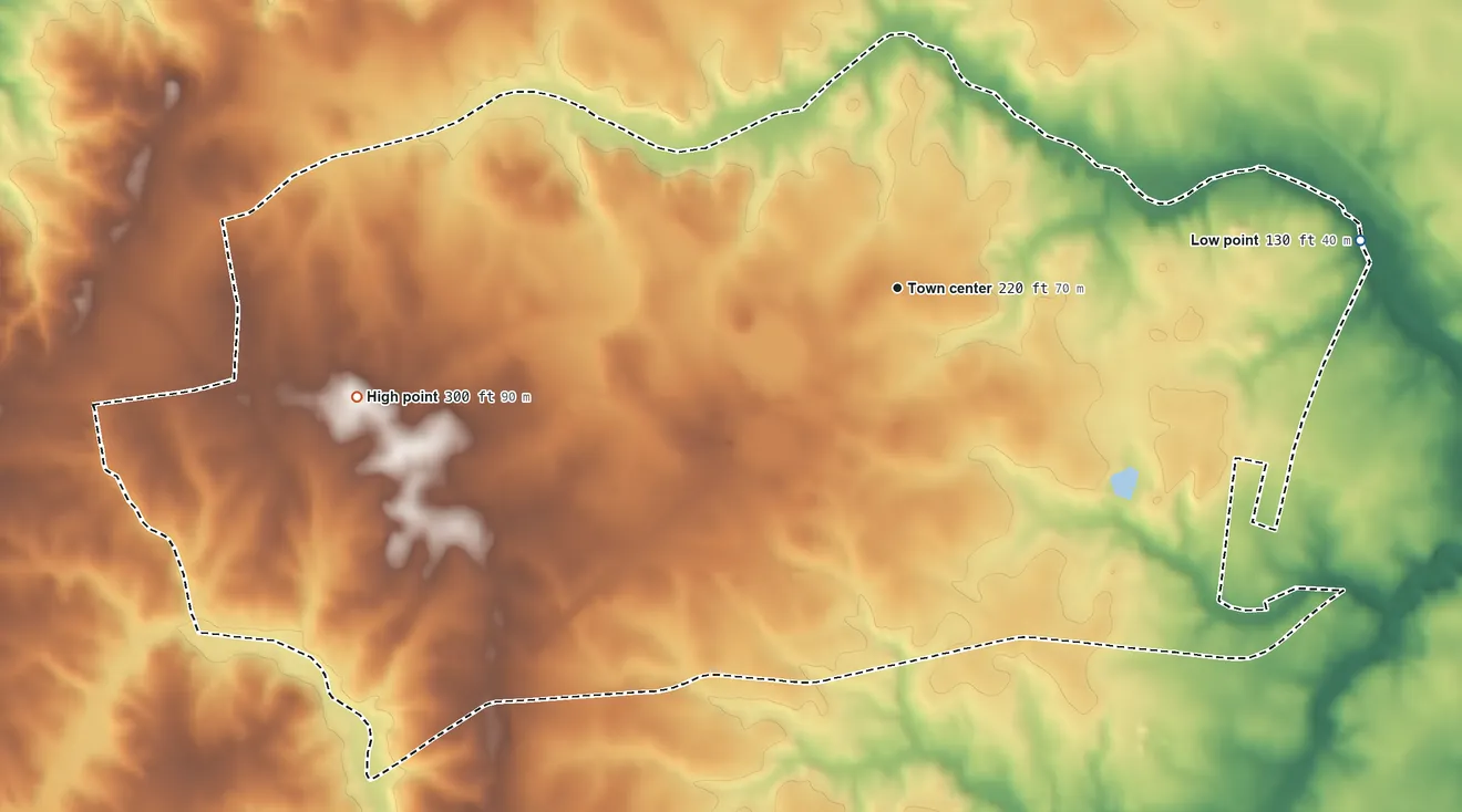 Topographic elevation map of South Rosemary, North Carolina, shaded from 130 ft on the east side to 300 ft on the west side