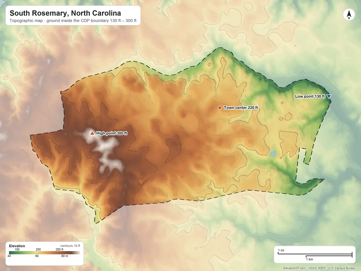 Topographic elevation map of South Rosemary, North Carolina, shaded from 130 ft on the east side to 300 ft on the west side