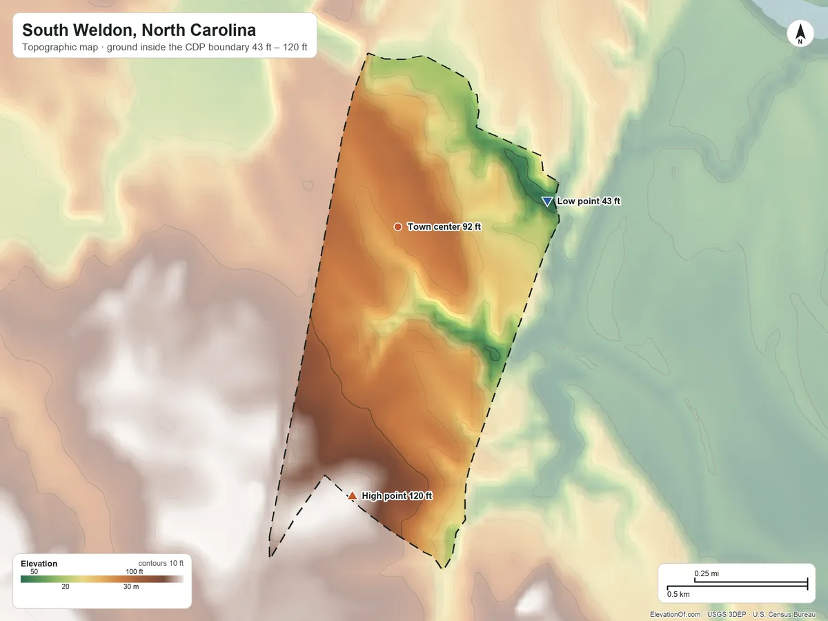 Topographic elevation map of South Weldon, North Carolina, shaded from 43 ft on the east side to 120 ft on the south side