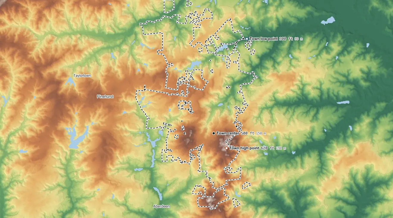 Topographic elevation map of Southern Pines, North Carolina, shaded from 300 ft on the north side to 620 ft near the middle