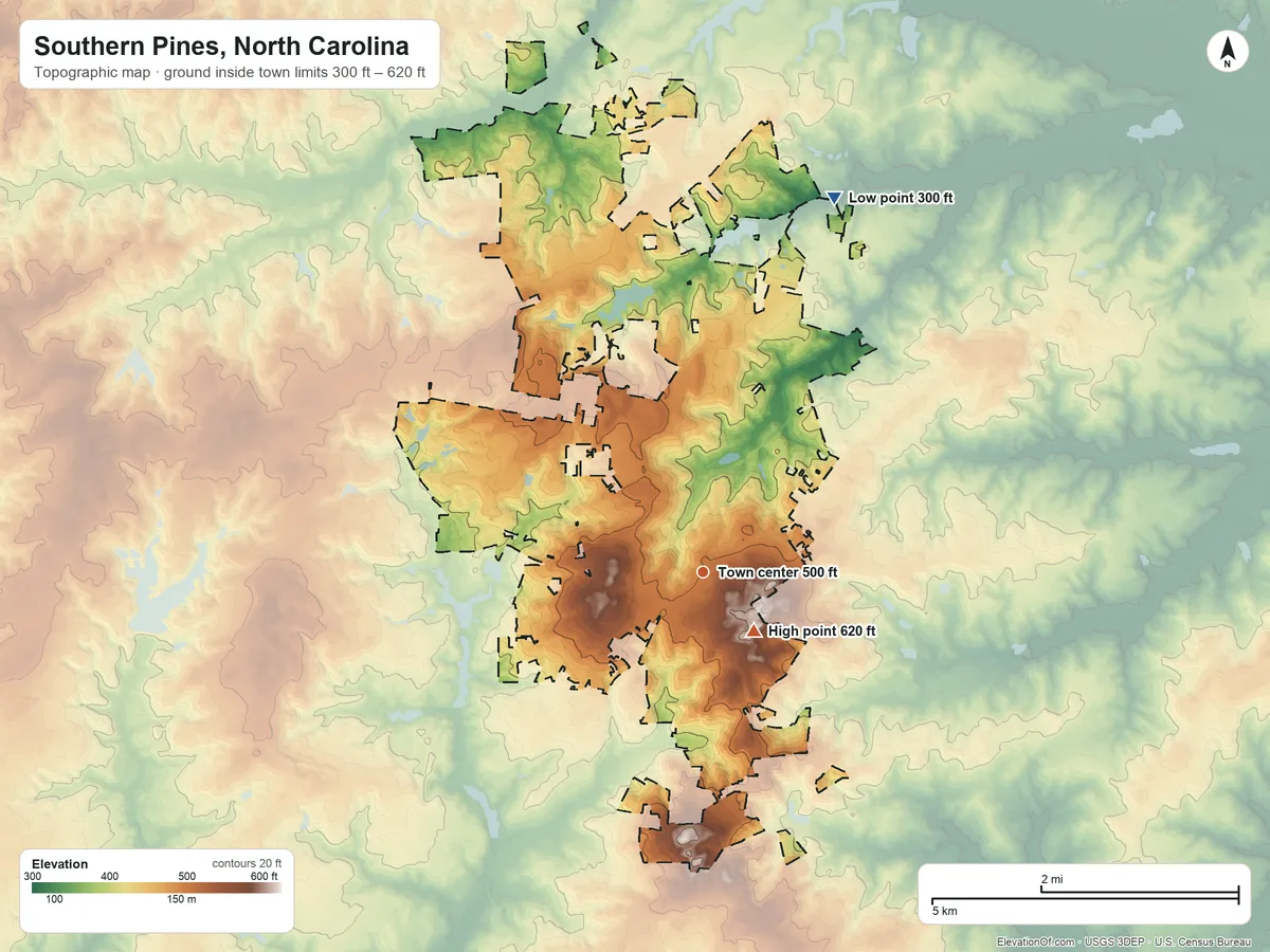 Topographic elevation map of Southern Pines, North Carolina, shaded from 300 ft on the north side to 620 ft near the middle