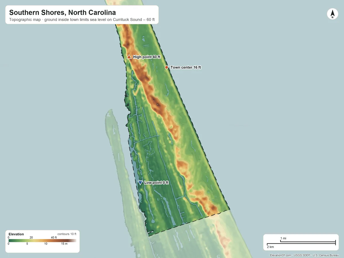Topographic elevation map of Southern Shores, North Carolina, shaded from sea level level on Currituck Sound to 60 ft on the west side