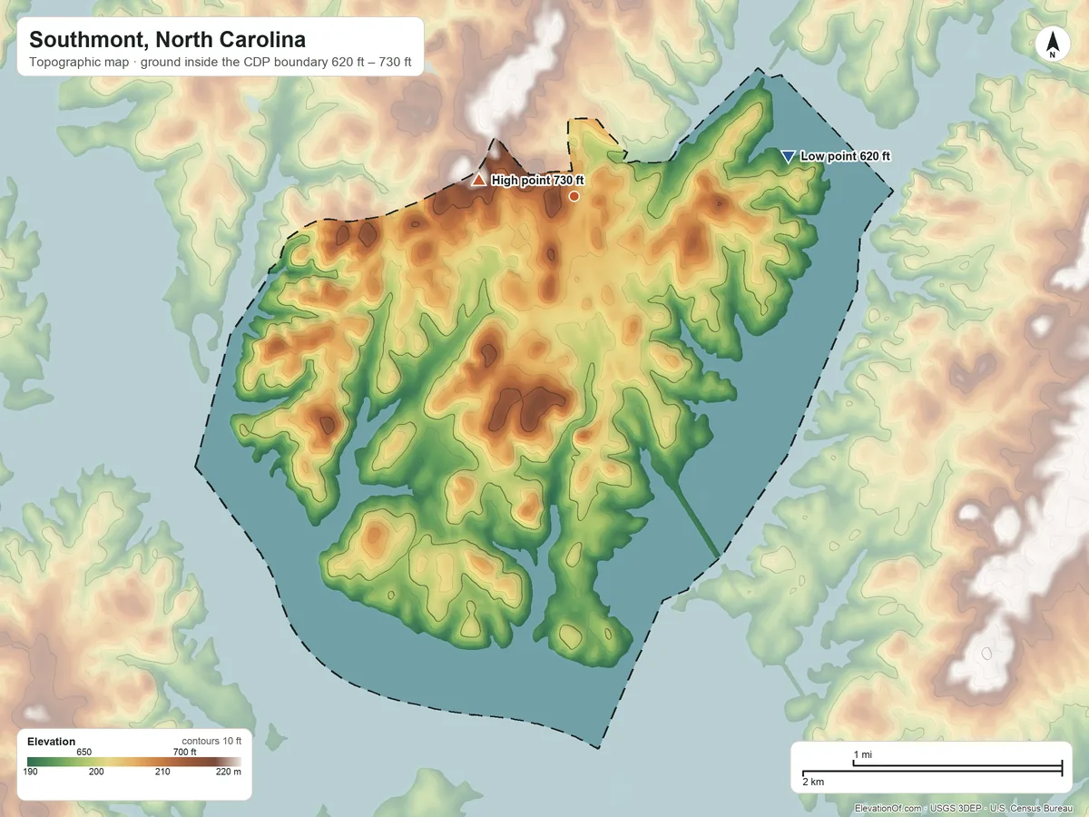 Topographic elevation map of Southmont, North Carolina, shaded from 620 ft on the east side to 730 ft near the middle