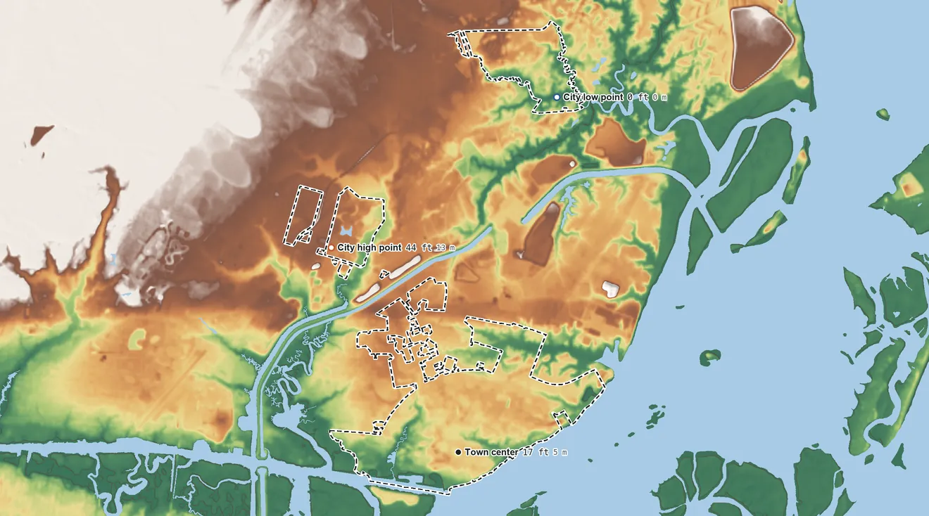 Topographic elevation map of Southport, North Carolina, shaded from 0 ft on the north side to 44 ft on the northwest side