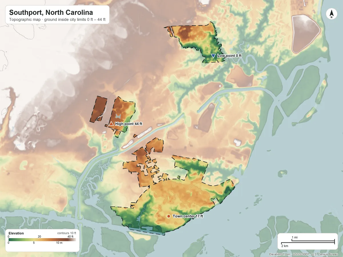 Topographic elevation map of Southport, North Carolina, shaded from 0 ft on the north side to 44 ft on the northwest side