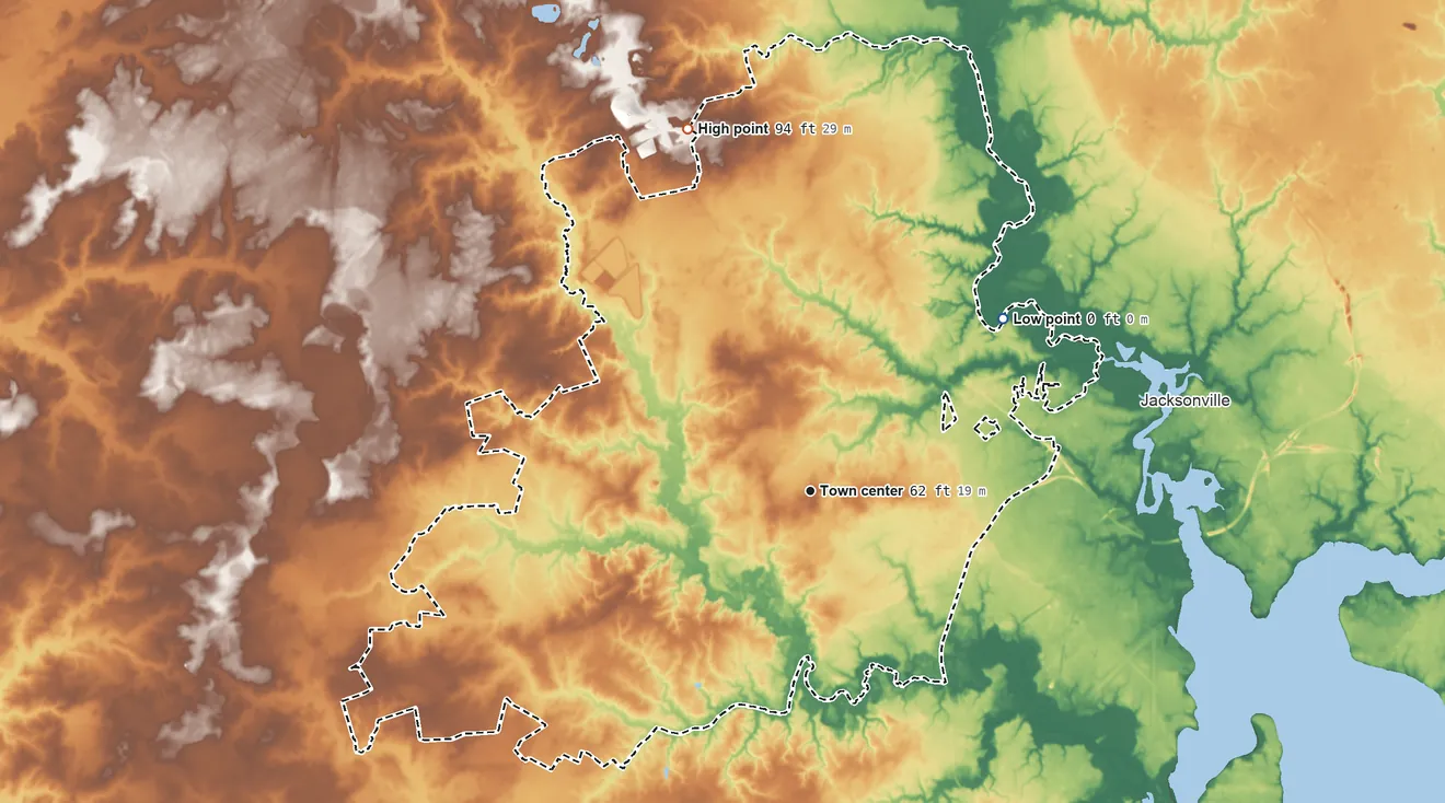Topographic elevation map of Southwest, North Carolina, shaded from 0 ft on the northeast side to 94 ft on the north side