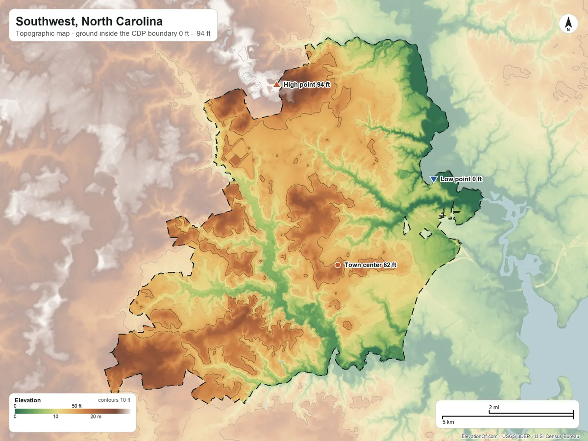 Topographic elevation map of Southwest, North Carolina, shaded from 0 ft on the northeast side to 94 ft on the north side