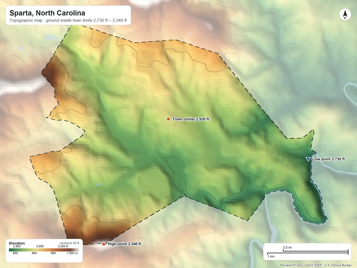 Topographic elevation map of Sparta, North Carolina, shaded from 2,730 ft on the east side to 3,340 ft on the southwest side