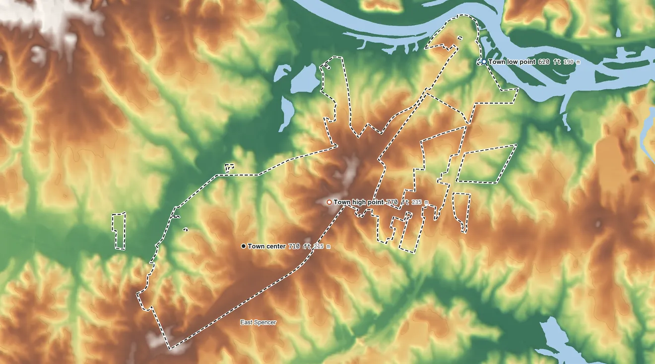 Topographic elevation map of Spencer, North Carolina, shaded from 620 ft on the northeast side to 770 ft on the northeast side