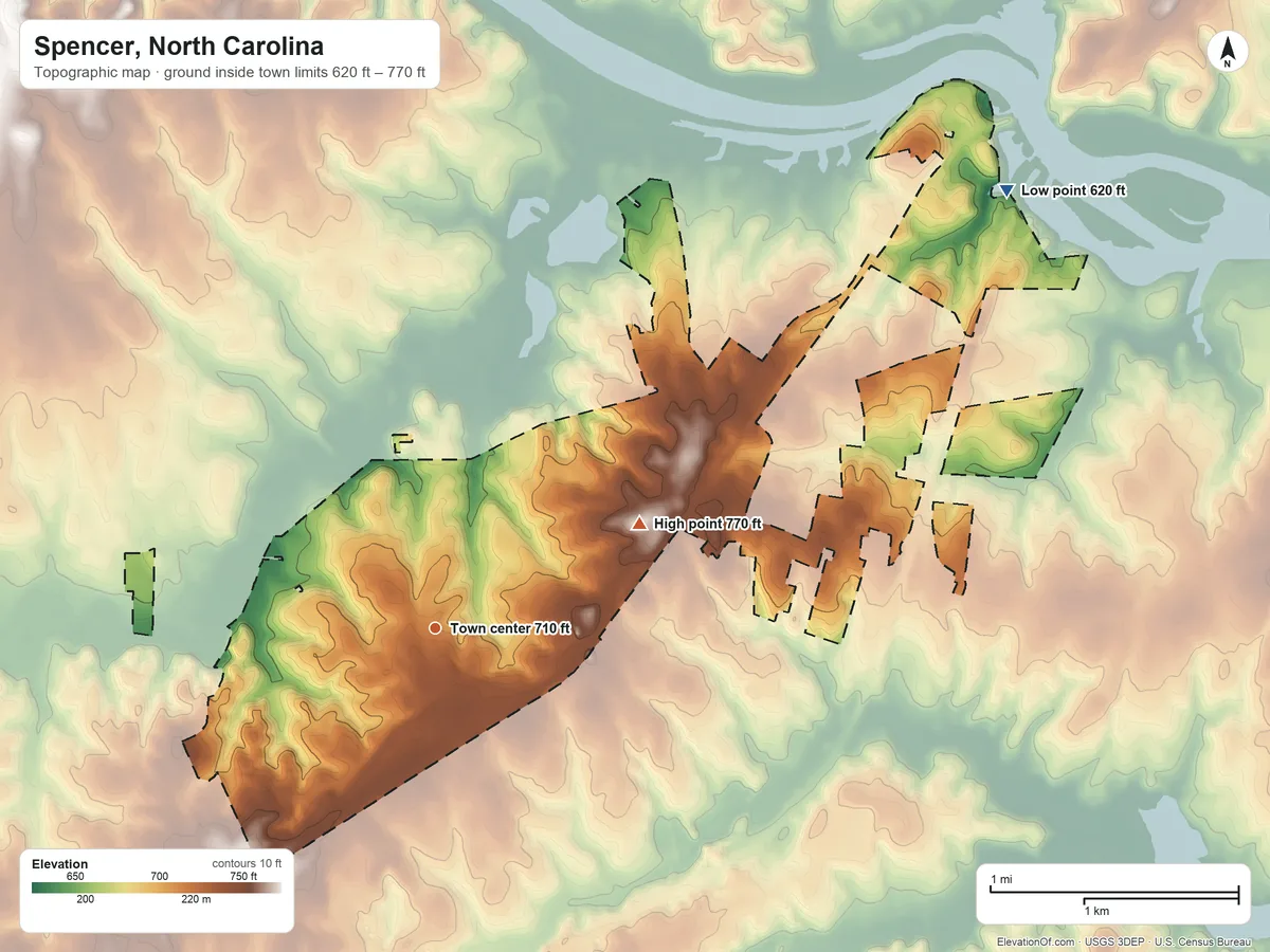 Topographic elevation map of Spencer, North Carolina, shaded from 620 ft on the northeast side to 770 ft on the northeast side