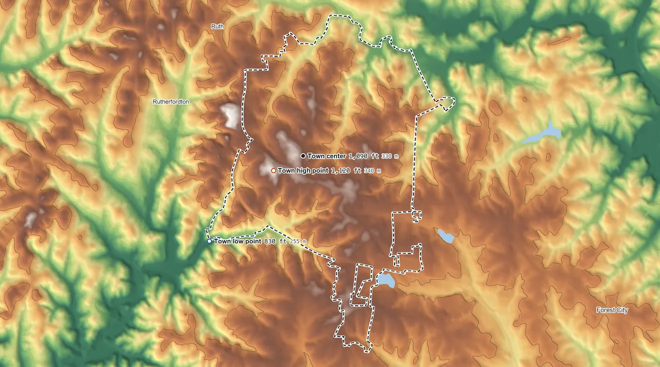 Topographic elevation map of Spindale, North Carolina, shaded from 830 ft on the southwest side to 1,120 ft near the middle
