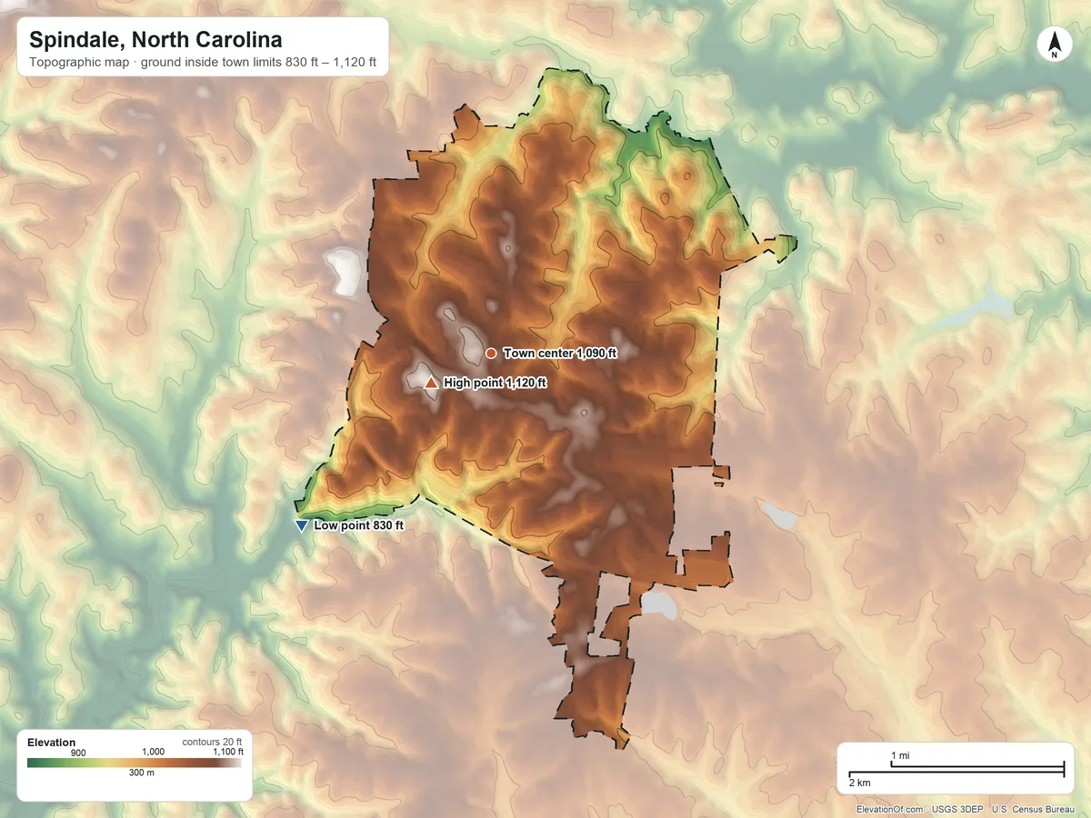Topographic elevation map of Spindale, North Carolina, shaded from 830 ft on the southwest side to 1,120 ft near the middle