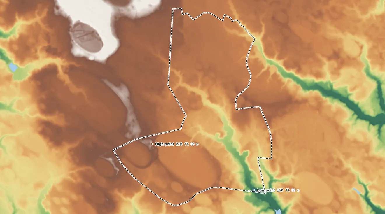 Topographic elevation map of Spivey's Corner, North Carolina, shaded from 160 ft on the east side to 210 ft on the northwest side