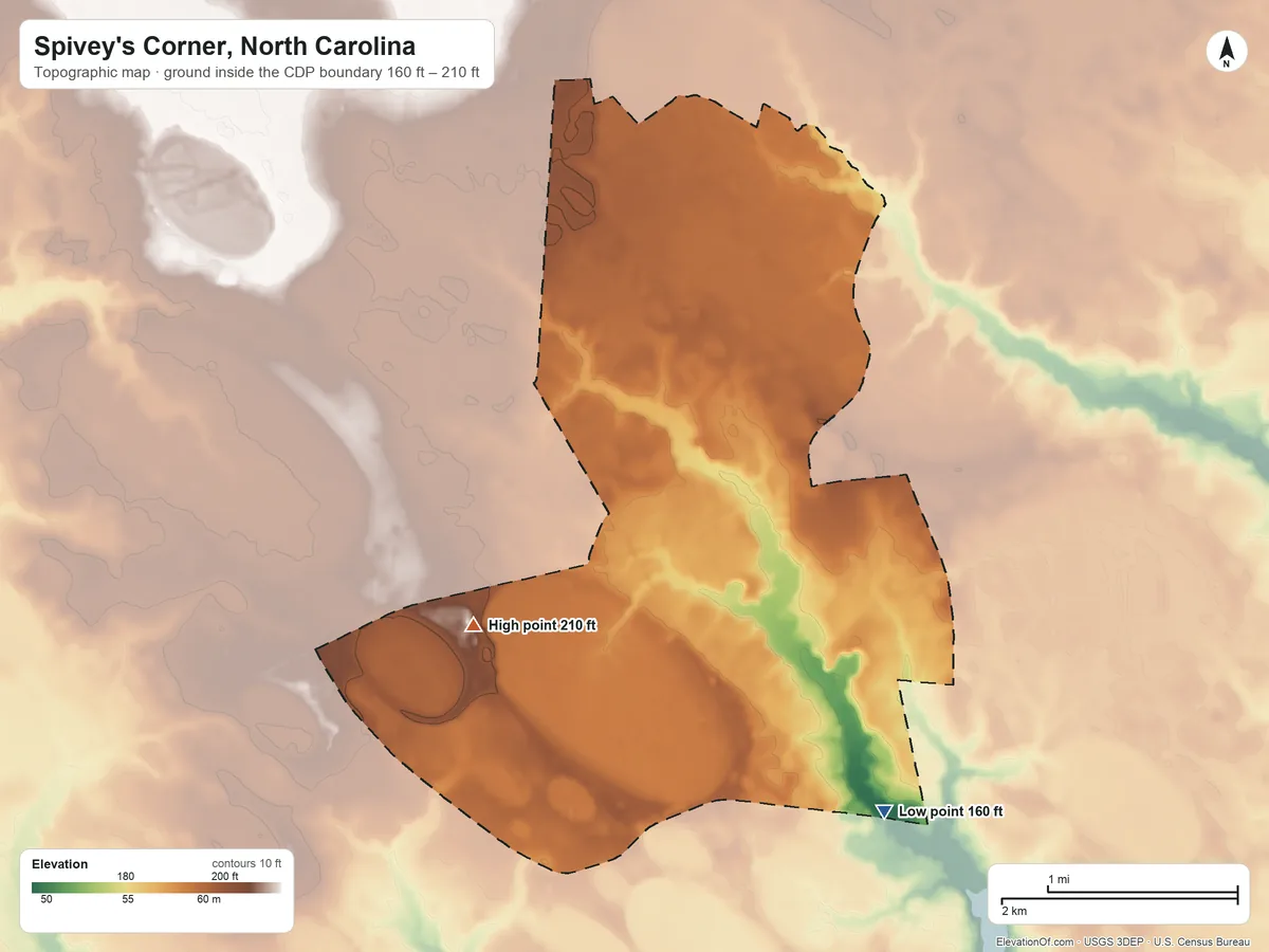 Topographic elevation map of Spivey's Corner, North Carolina, shaded from 160 ft on the east side to 210 ft on the northwest side