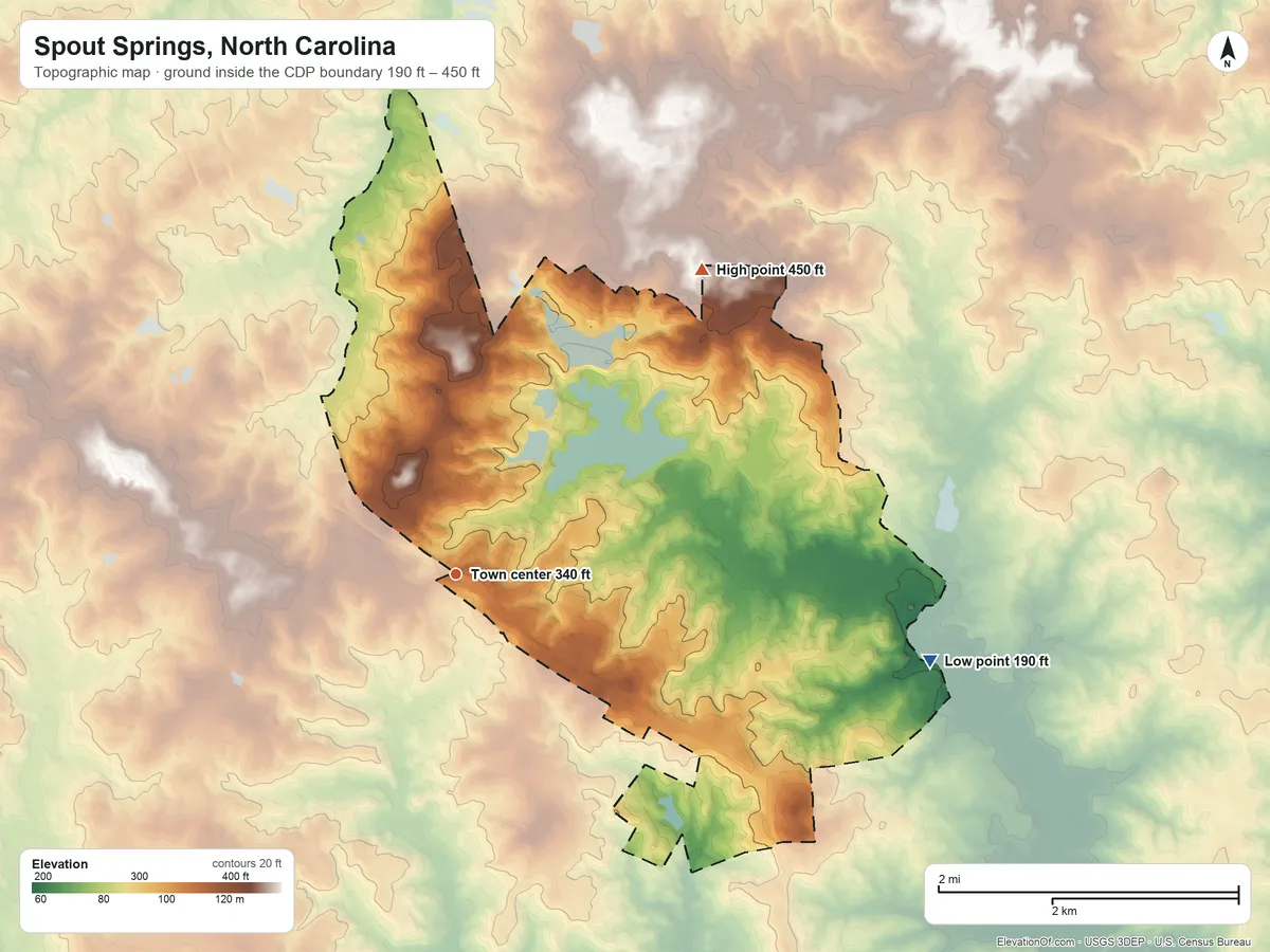 Topographic elevation map of Spout Springs, North Carolina, shaded from 190 ft on the east side to 450 ft on the northeast side