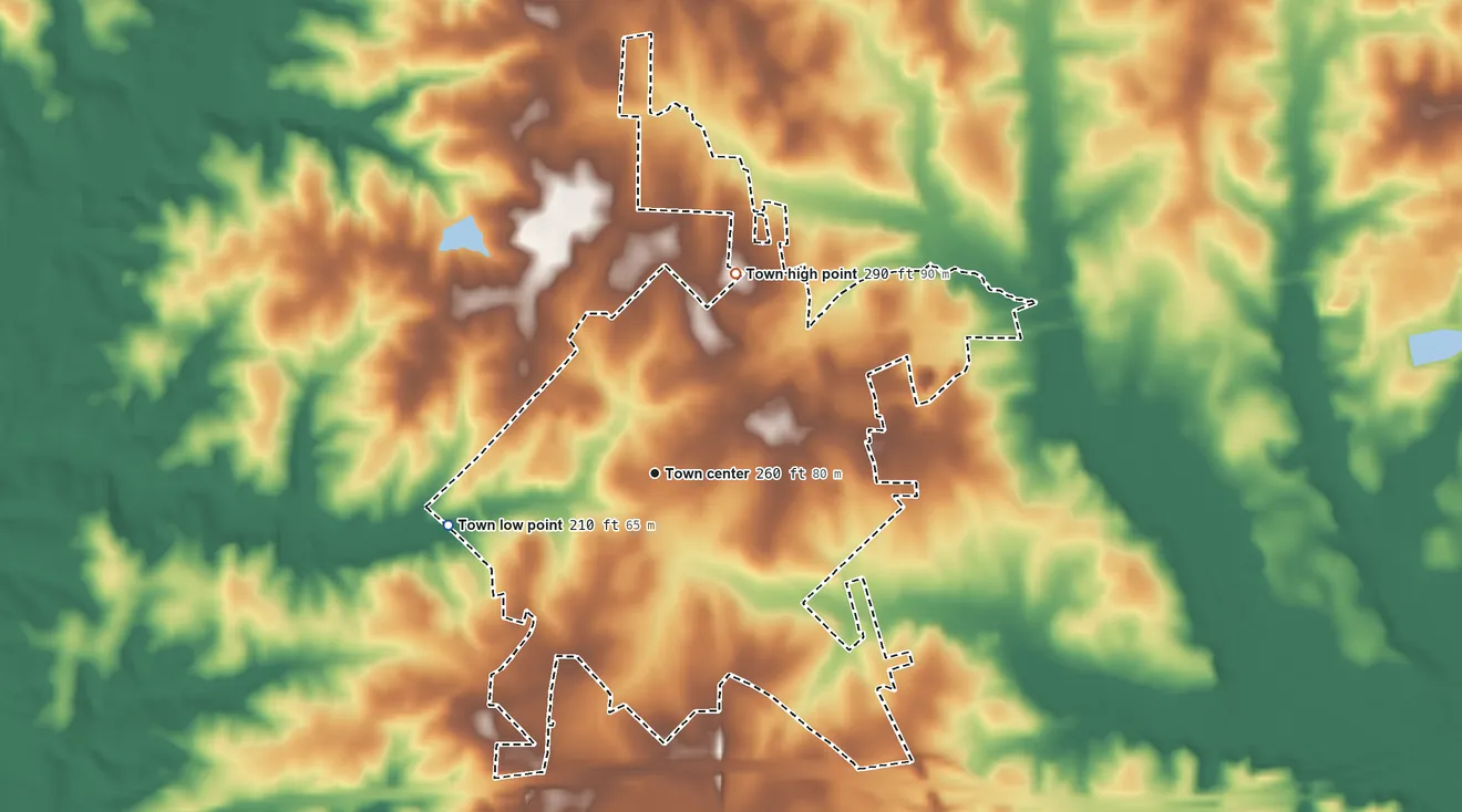 Topographic elevation map of Spring Hope, North Carolina, shaded from 210 ft on the west side to 290 ft on the north side