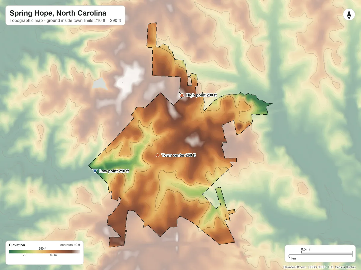 Topographic elevation map of Spring Hope, North Carolina, shaded from 210 ft on the west side to 290 ft on the north side