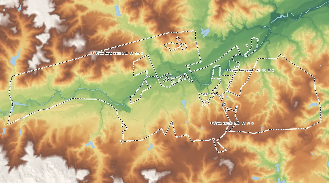 Topographic elevation map of Spring Lake, North Carolina, shaded from 120 ft on the north side to 340 ft on the northwest side