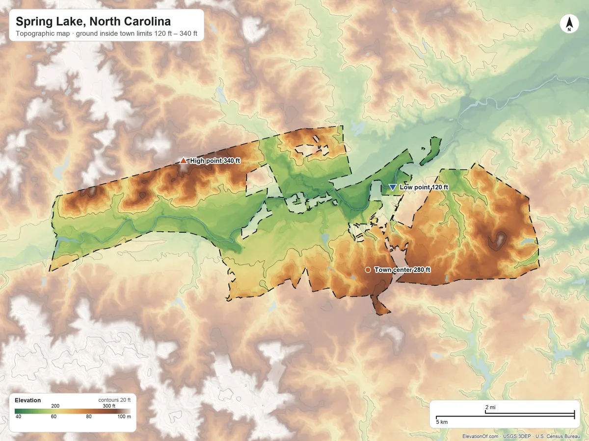 Topographic elevation map of Spring Lake, North Carolina, shaded from 120 ft on the north side to 340 ft on the northwest side