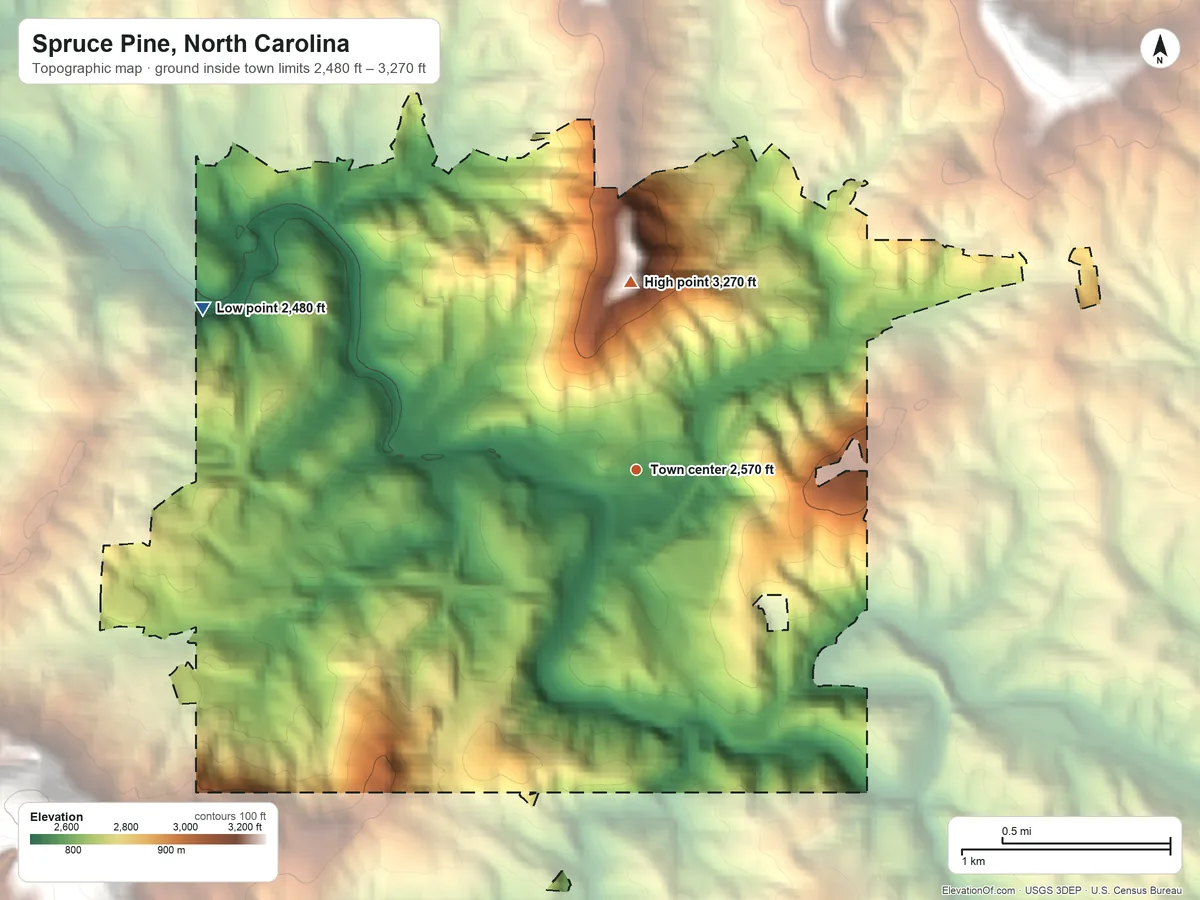 Topographic elevation map of Spruce Pine, North Carolina, shaded from 2,480 ft on the west side to 3,270 ft on Iowa Hill