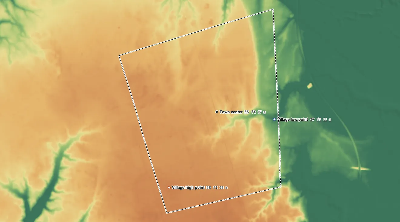 Topographic elevation map of St. Helena, North Carolina, shaded from 37 ft on the east side to 58 ft on the southwest side