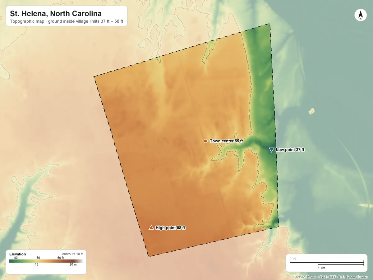 Topographic elevation map of St. Helena, North Carolina, shaded from 37 ft on the east side to 58 ft on the southwest side