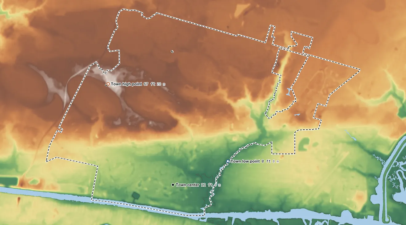 Topographic elevation map of St. James, North Carolina, shaded from 0 ft on the northeast side to 67 ft on the northwest side