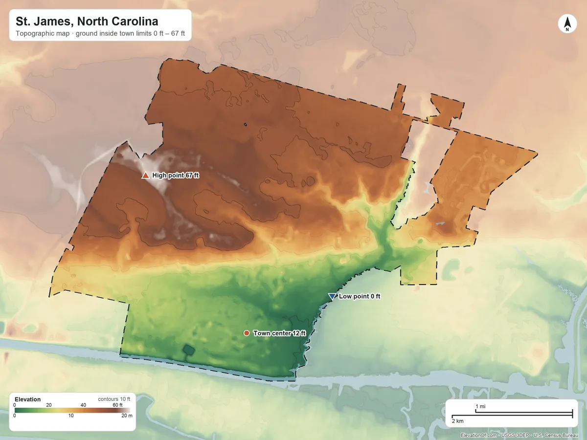 Topographic elevation map of St. James, North Carolina, shaded from 0 ft on the northeast side to 67 ft on the northwest side