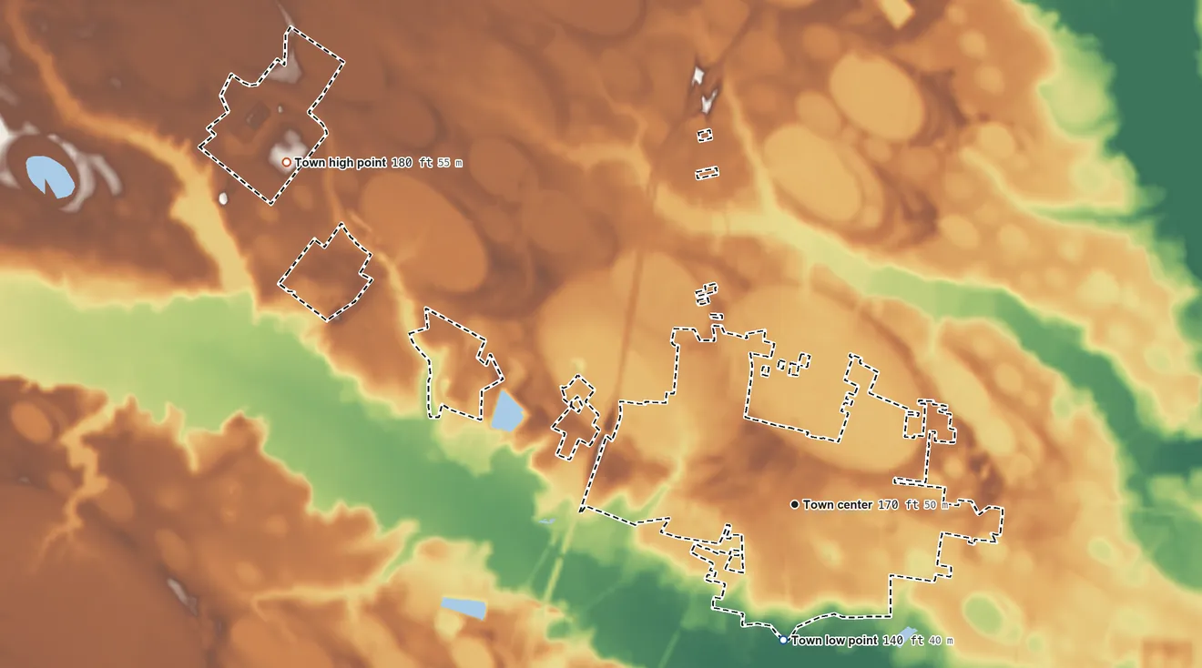 Topographic elevation map of St. Pauls, North Carolina, shaded from 140 ft on the south side to 180 ft on the northwest side