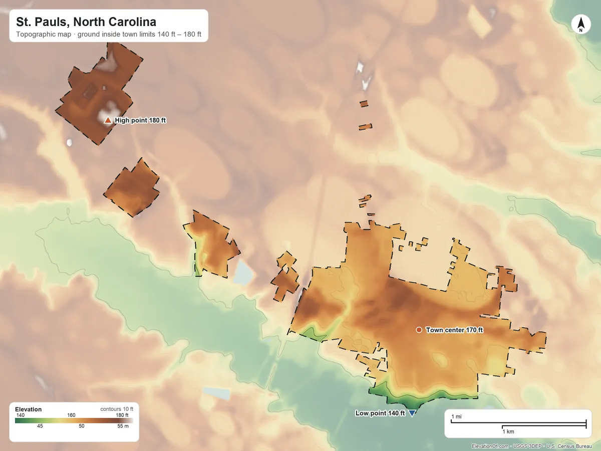 Topographic elevation map of St. Pauls, North Carolina, shaded from 140 ft on the south side to 180 ft on the northwest side