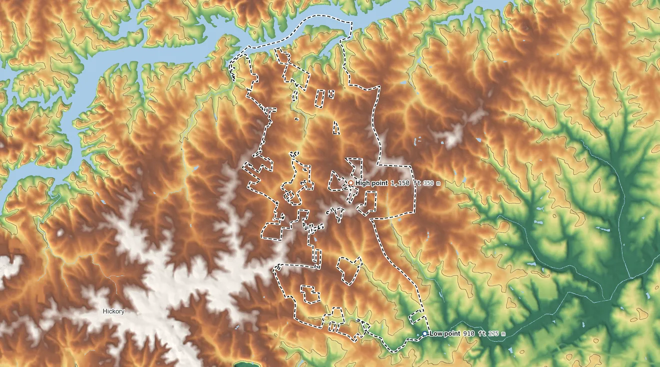 Topographic elevation map of St. Stephens, North Carolina, shaded from 910 ft on the southeast side to 1,150 ft near the middle