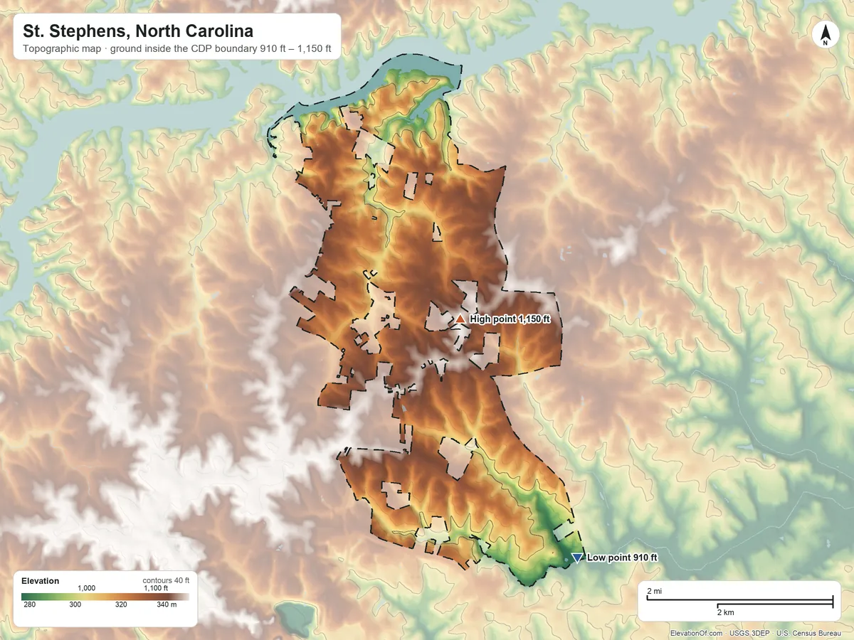 Topographic elevation map of St. Stephens, North Carolina, shaded from 910 ft on the southeast side to 1,150 ft near the middle
