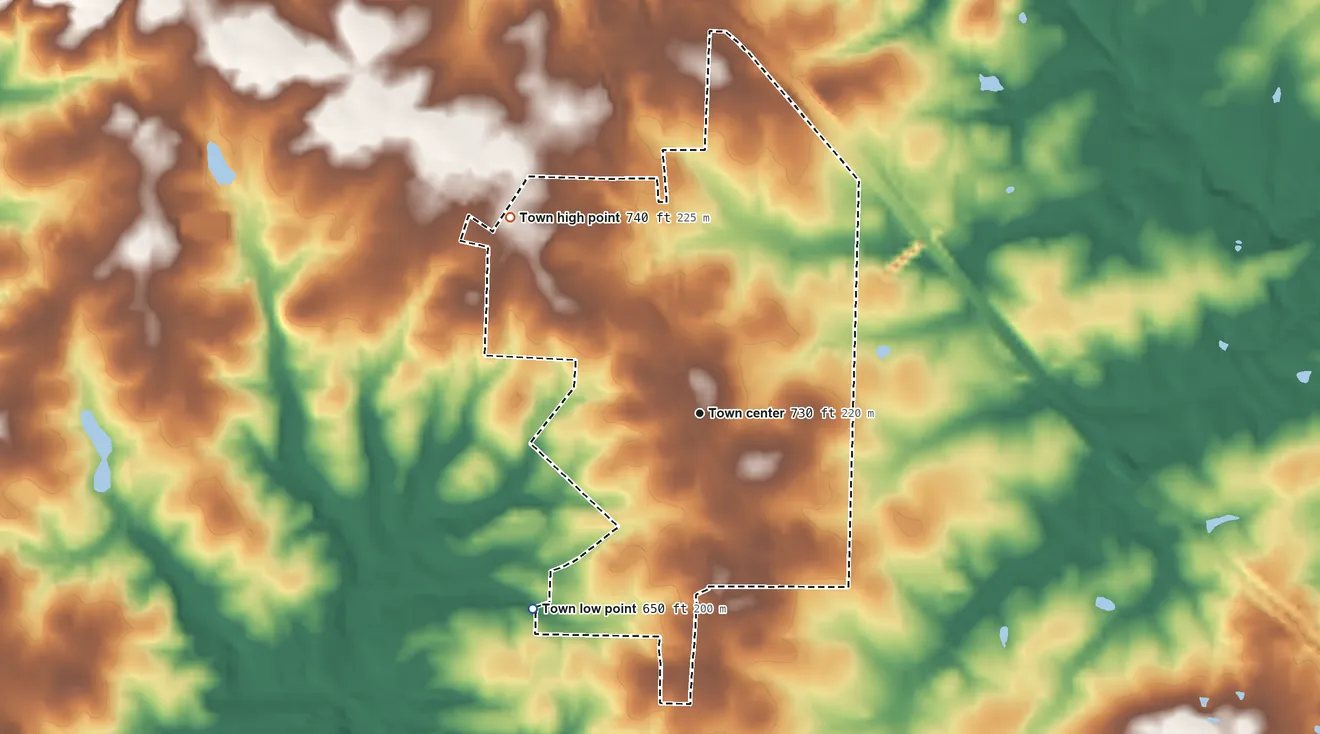 Topographic elevation map of Staley, North Carolina, shaded from 650 ft on the southwest side to 740 ft on the northwest side