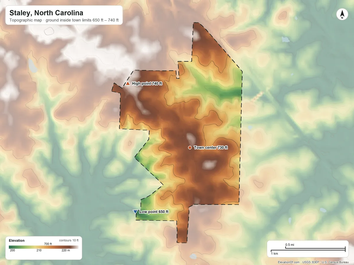 Topographic elevation map of Staley, North Carolina, shaded from 650 ft on the southwest side to 740 ft on the northwest side