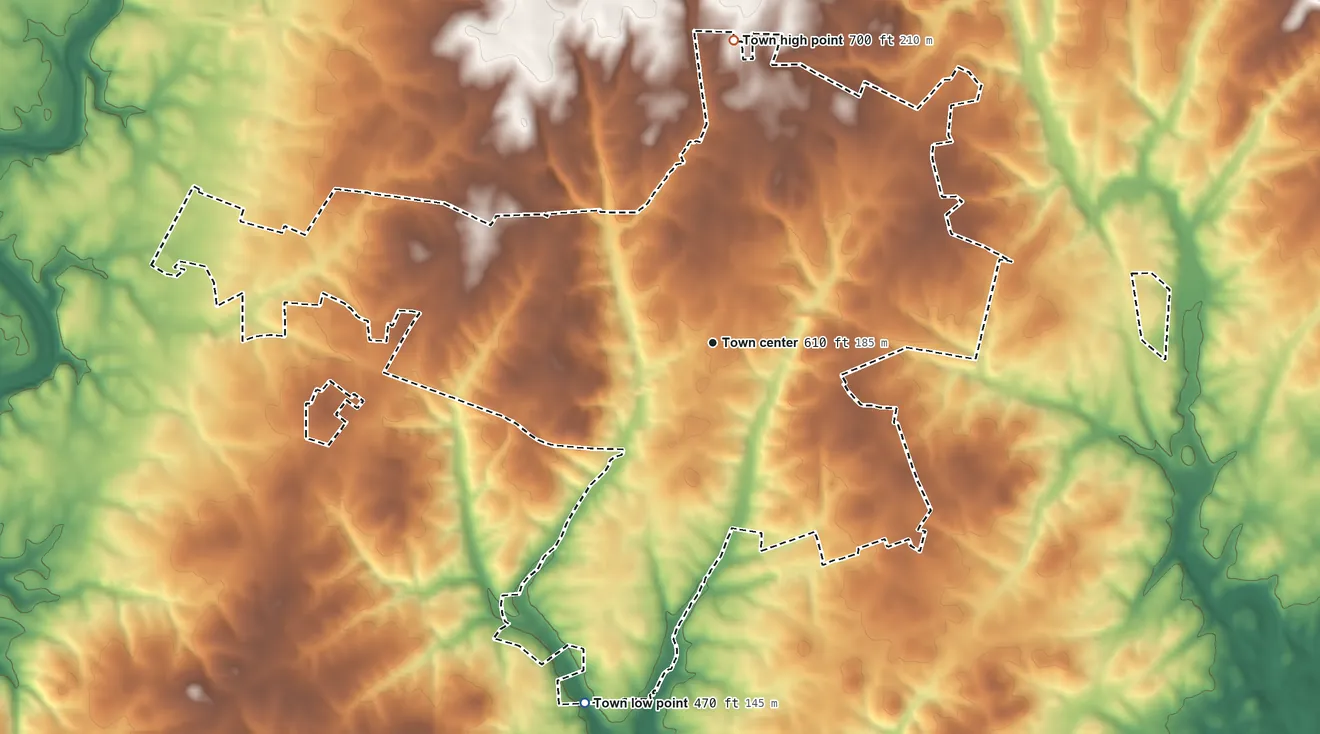 Topographic elevation map of Stanfield, North Carolina, shaded from 470 ft on the south side to 700 ft on the north side