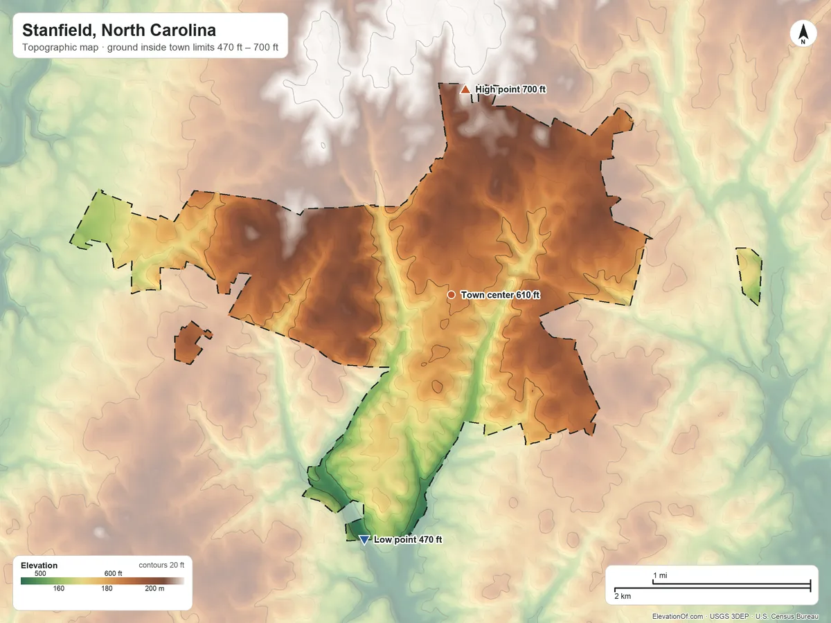 Topographic elevation map of Stanfield, North Carolina, shaded from 470 ft on the south side to 700 ft on the north side