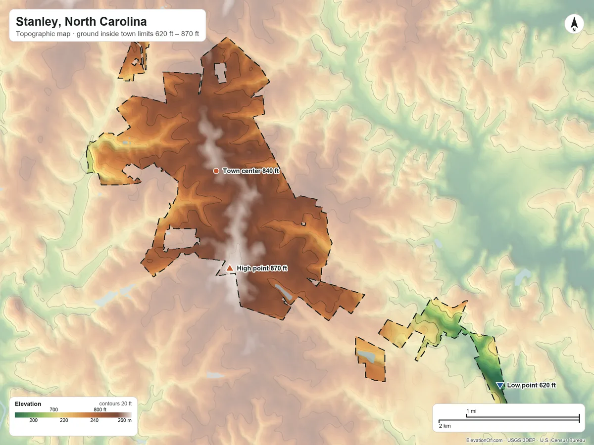 Topographic elevation map of Stanley, North Carolina, shaded from 620 ft on the southeast side to 870 ft on the south side