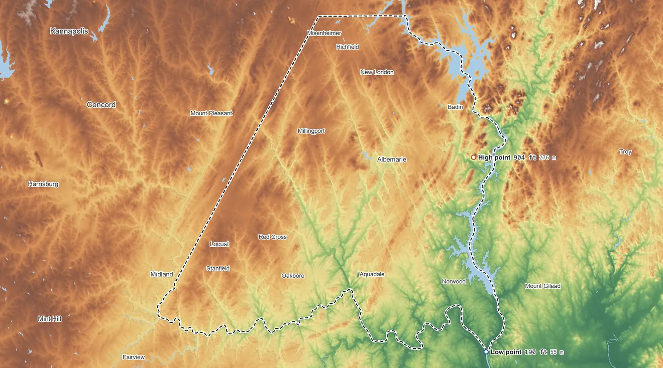 Topographic elevation map of Stanly County, North Carolina, shaded from 190 ft on the southeast side to 904 ft on Morrow Mountain
