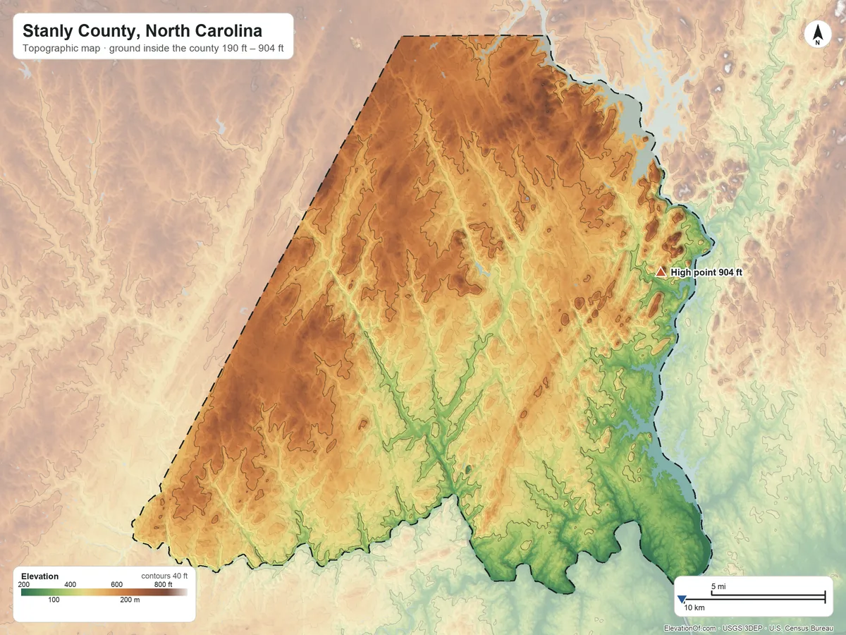Topographic elevation map of Stanly County, North Carolina, shaded from 190 ft on the southeast side to 904 ft on Morrow Mountain