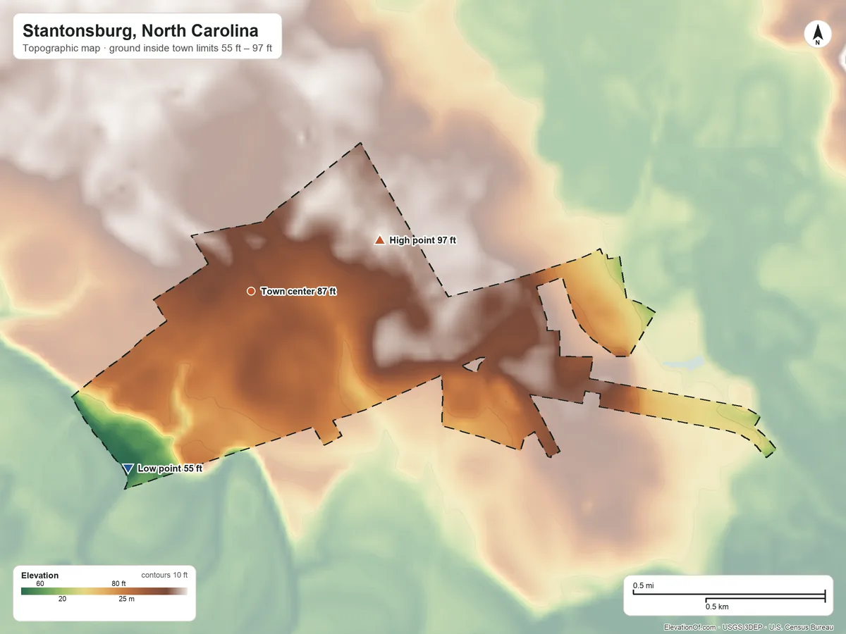 Topographic elevation map of Stantonsburg, North Carolina, shaded from 55 ft on the southwest side to 97 ft on the east side