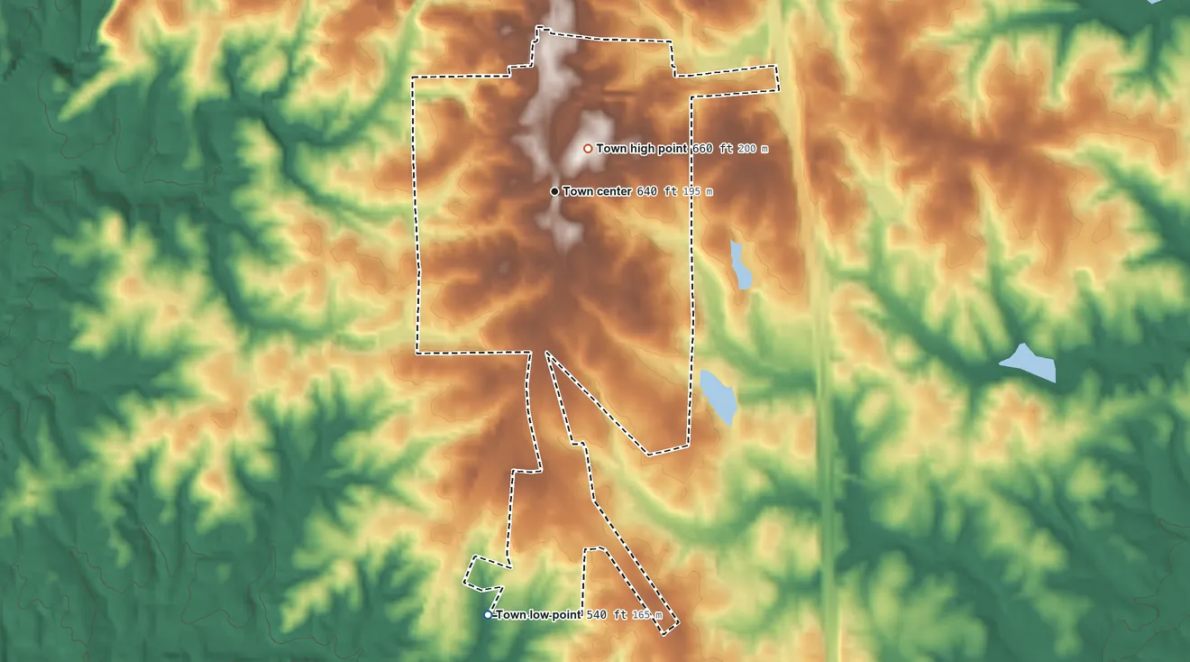 Topographic elevation map of Star, North Carolina, shaded from 540 ft on the south side to 660 ft near the middle