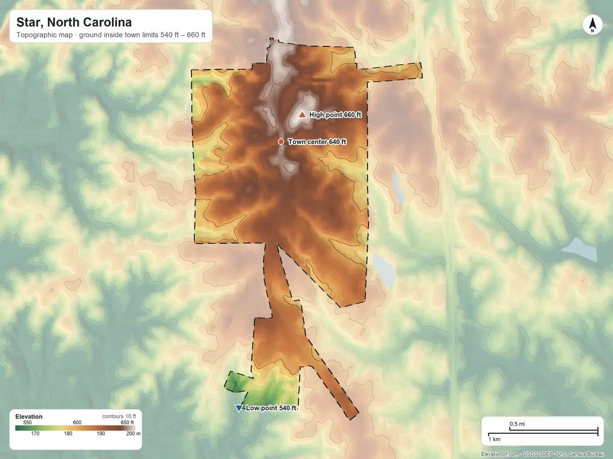 Topographic elevation map of Star, North Carolina, shaded from 540 ft on the south side to 660 ft near the middle